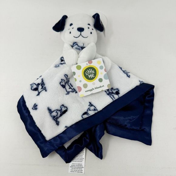 Little Me Puppy Dog Security Blanket Navy Blue White Baby Lovey Rattle Toy Toile - Picture 1 of 8